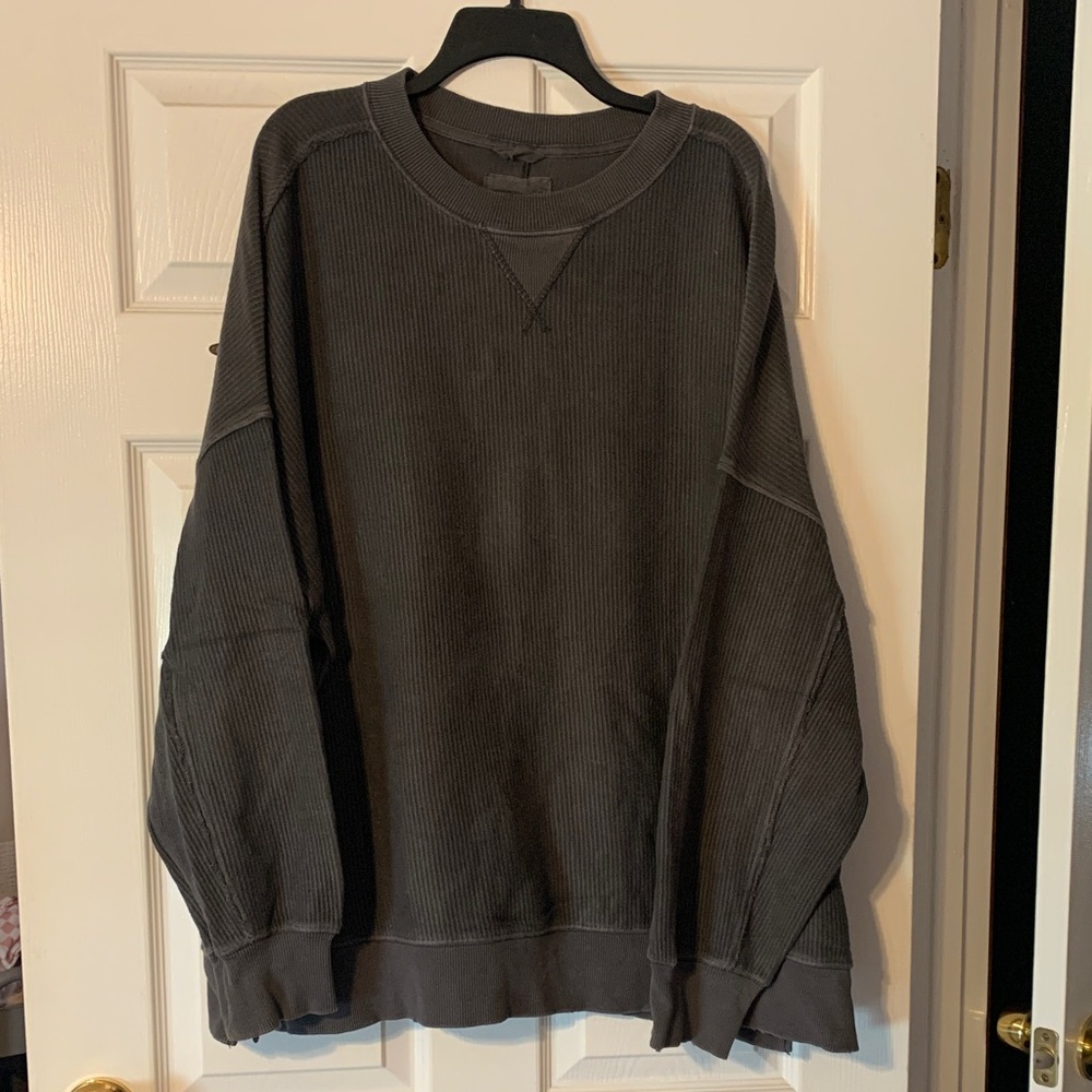 aerie Waffle-Knit Crewneck Sweatshirt in Charcoal